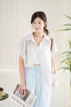 (BACKORDER) Danielle Collar Stripes Sleeved Top in Blue