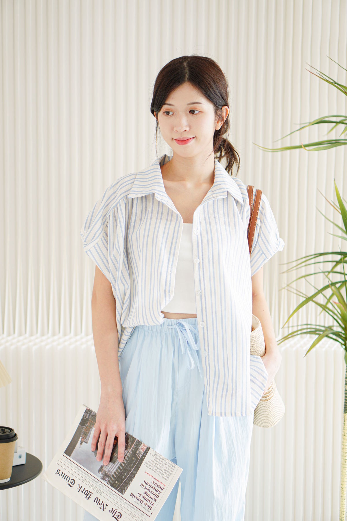 (BACKORDER) Danielle Collar Stripes Sleeved Top in Blue
