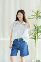 (BACKORDER) Danielle Collar Stripes Sleeved Top in Blue
