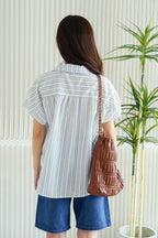 (BACKORDER) Danielle Collar Stripes Sleeved Top in Blue