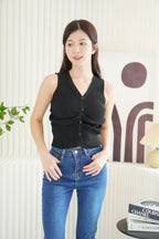 Elianna Knit Ruched Button Down Sleeveless Top in Black