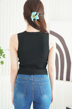 Elianna Knit Ruched Button Down Sleeveless Top in Black