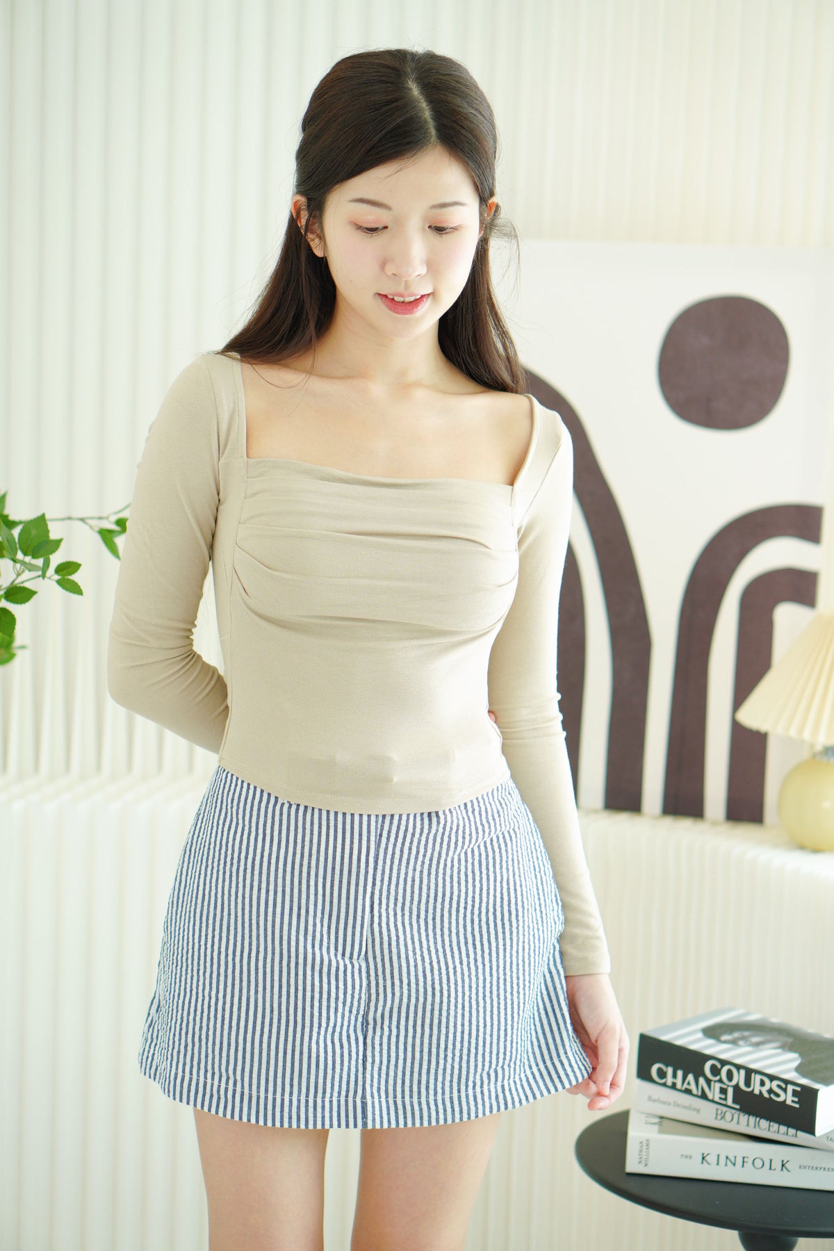 Brinley Padded Ruched Bust Long Sleeve Top in Khaki