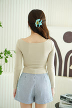 Brinley Padded Ruched Bust Long Sleeve Top in Khaki