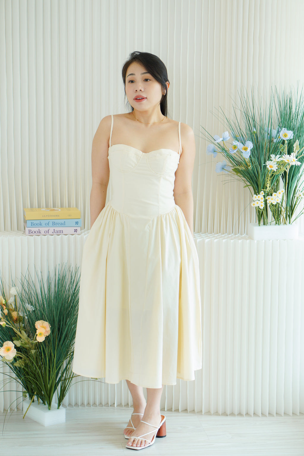 Posy Drop Waist A-Line Dress in Beige