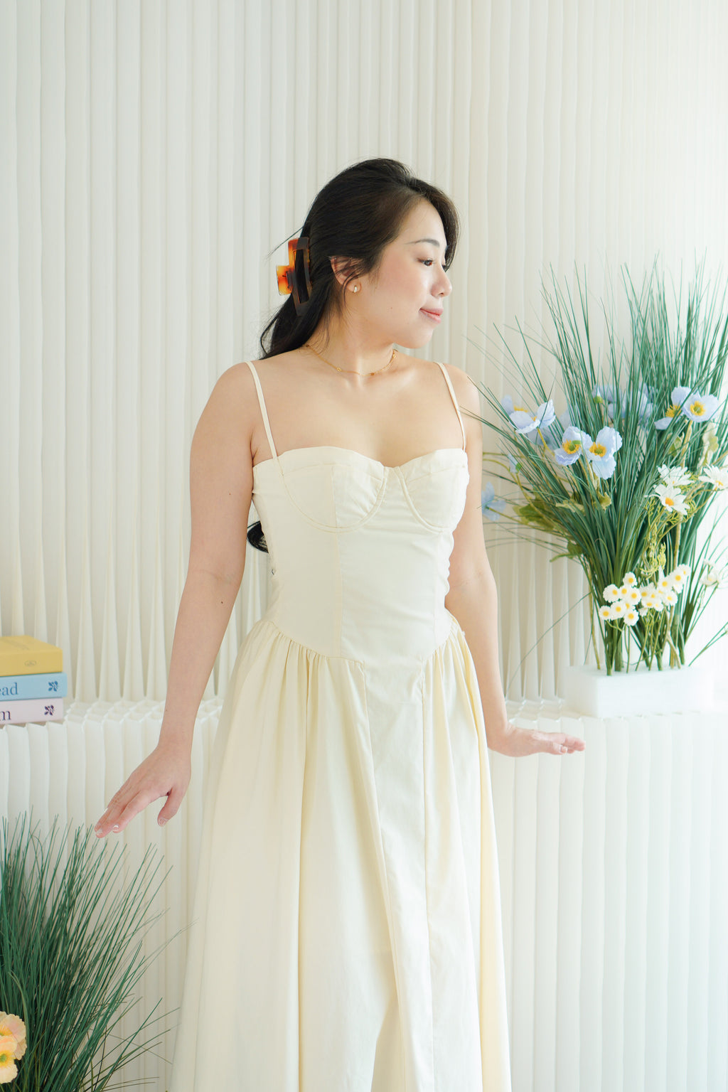 Posy Drop Waist A-Line Dress in Beige