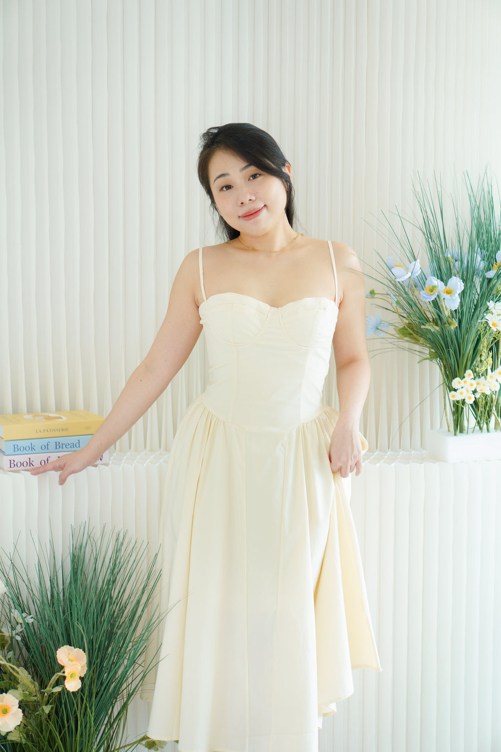 Posy Drop Waist A-Line Dress in Beige