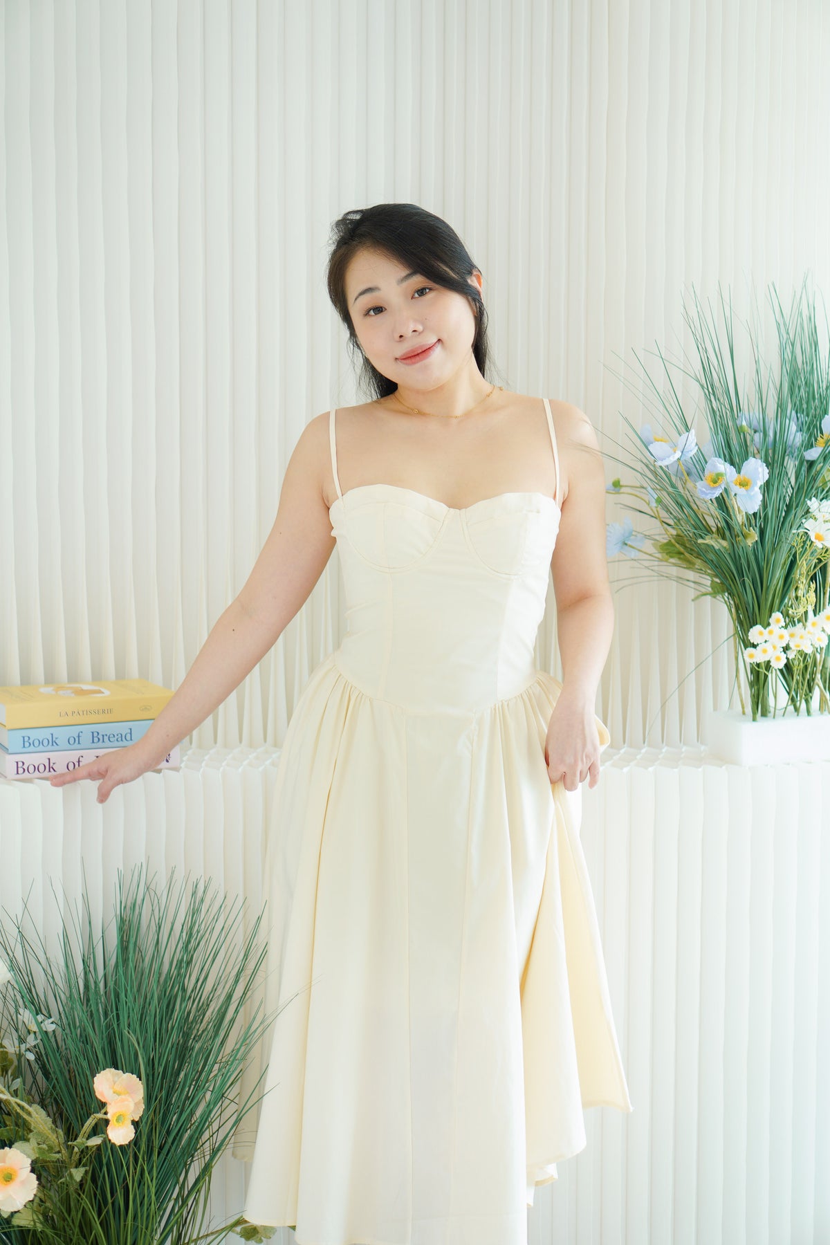 Posy Drop Waist A-Line Dress in Beige