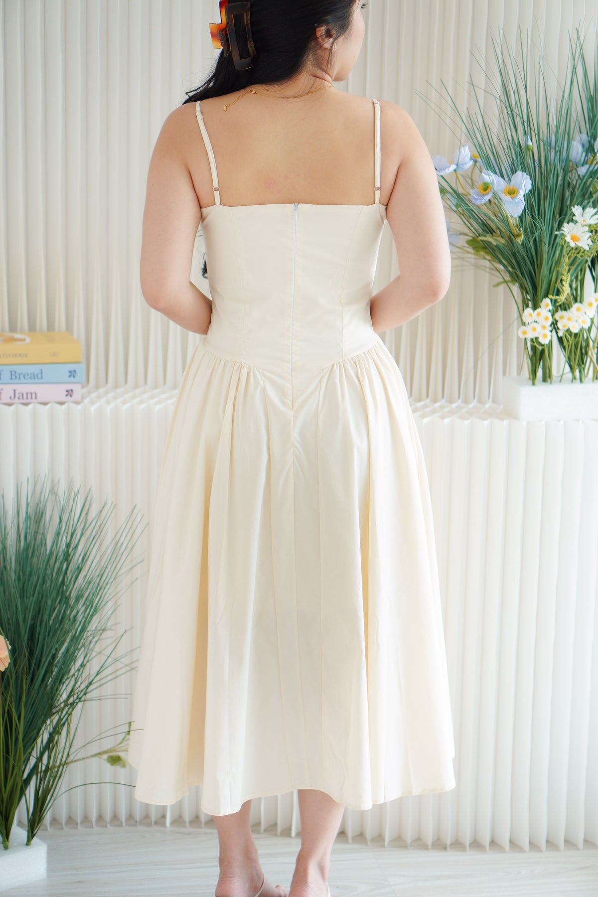 Posy Drop Waist A-Line Dress in Beige