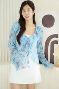 Nessa Floral Ruffle Tie-Front Long Sleeve Top in Blue