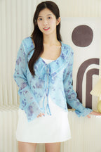 Nessa Floral Ruffle Tie-Front Long Sleeve Top in Blue