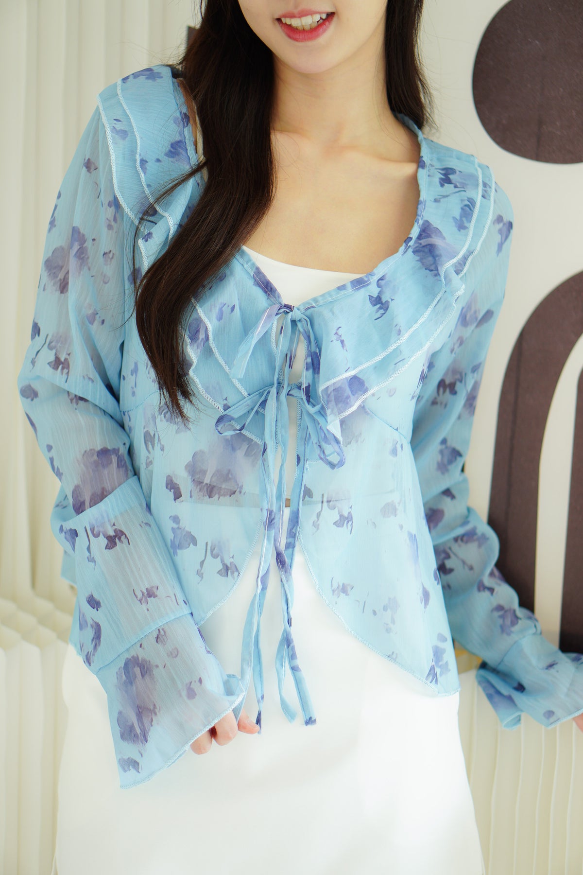 Nessa Floral Ruffle Tie-Front Long Sleeve Top in Blue