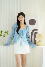 Nessa Floral Ruffle Tie-Front Long Sleeve Top in Blue