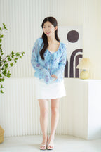 Nessa Floral Ruffle Tie-Front Long Sleeve Top in Blue