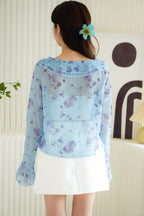 Nessa Floral Ruffle Tie-Front Long Sleeve Top in Blue