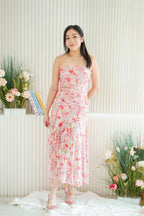 Evelina Tube Floral Ruched Frills Dress in Pink