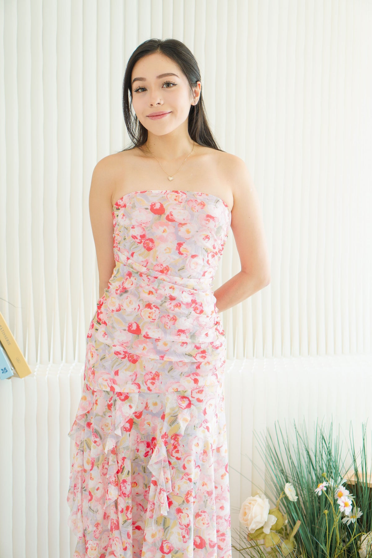 Evelina Tube Floral Ruched Frills Dress in Pink