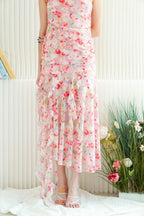 Evelina Tube Floral Ruched Frills Dress in Pink