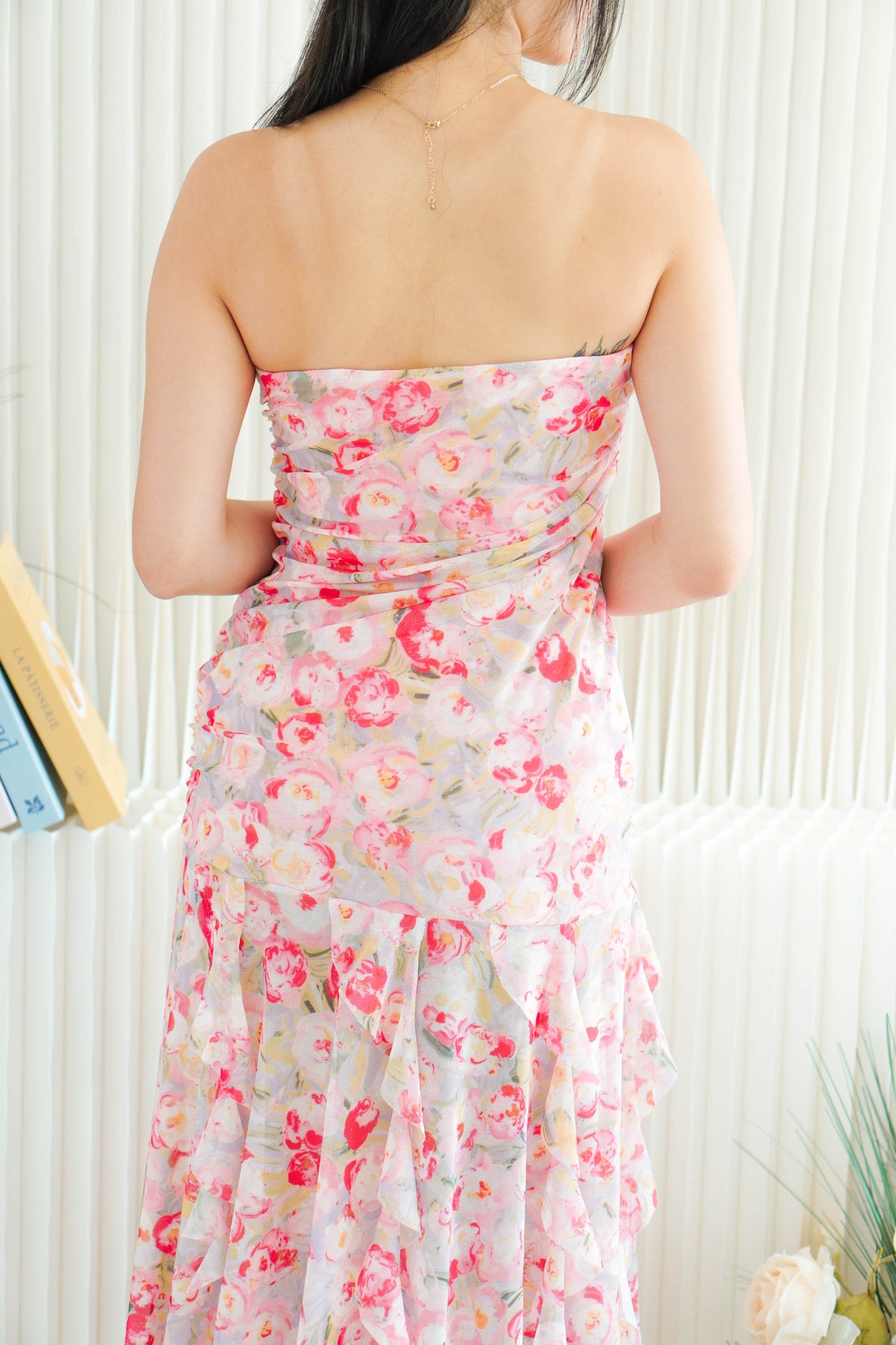 Evelina Tube Floral Ruched Frills Dress in Pink