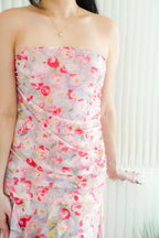 Evelina Tube Floral Ruched Frills Dress in Pink