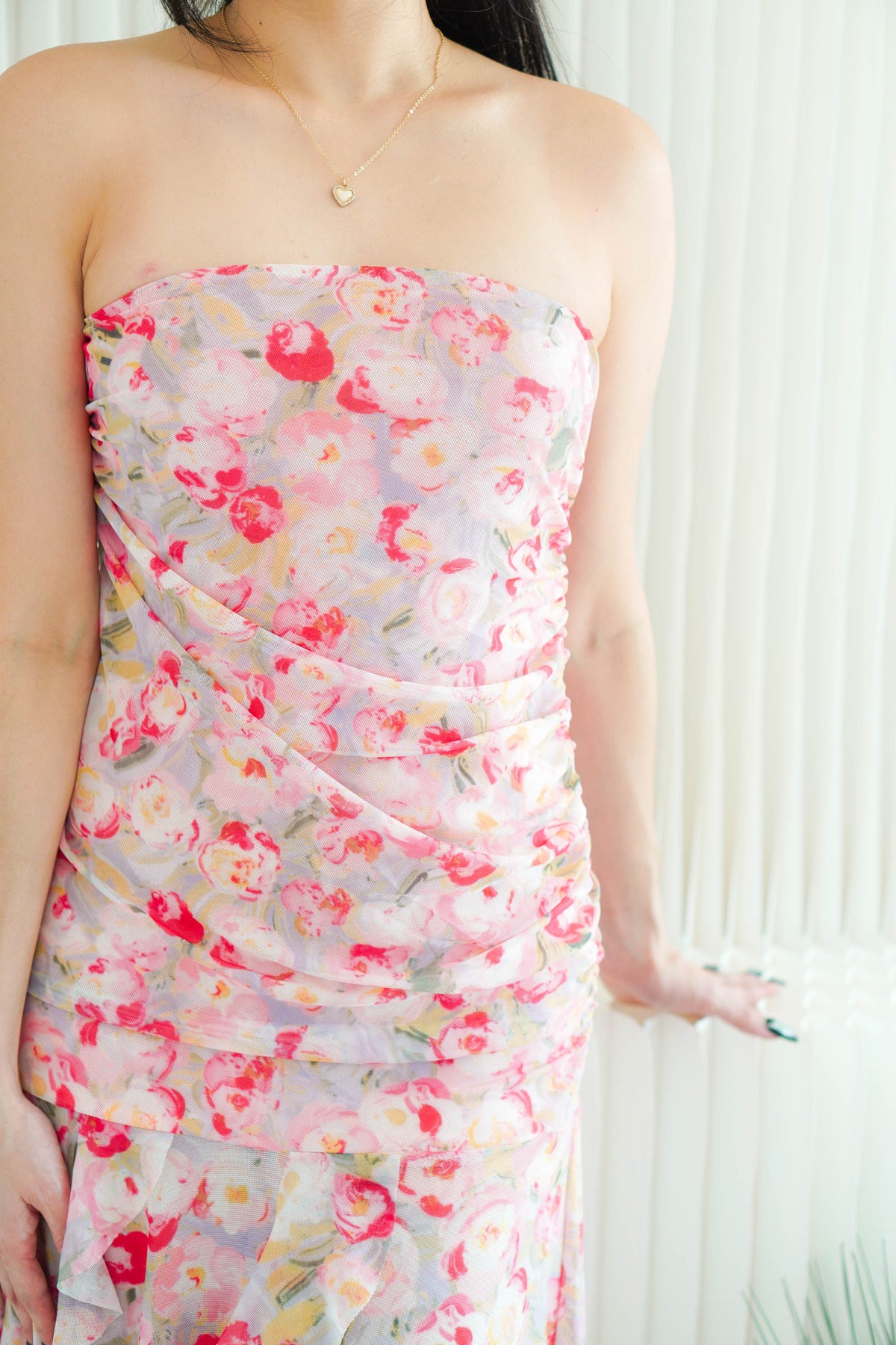 Evelina Tube Floral Ruched Frills Dress in Pink