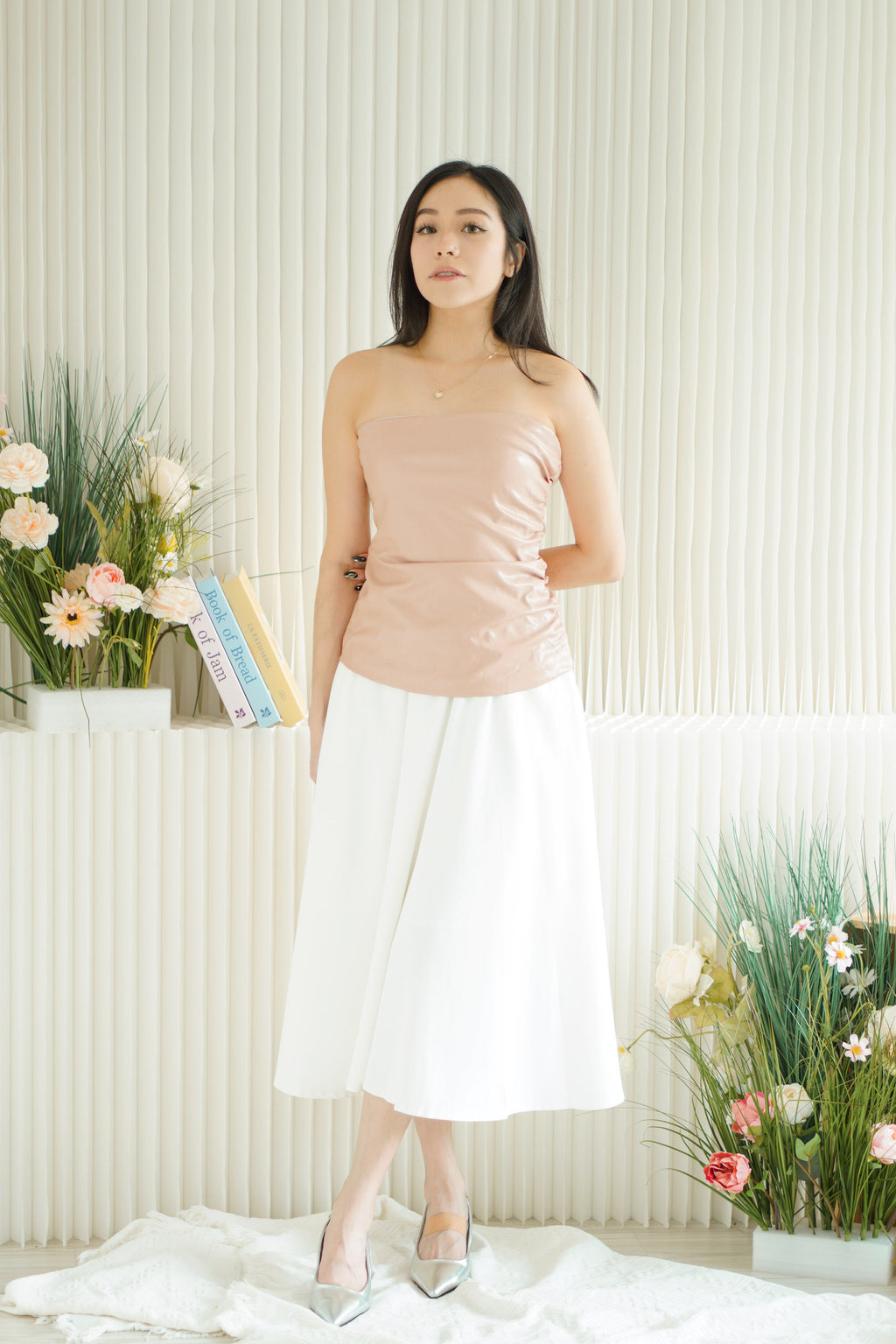 Rhoswen Tube Faux Leather Ruched Top in Pink
