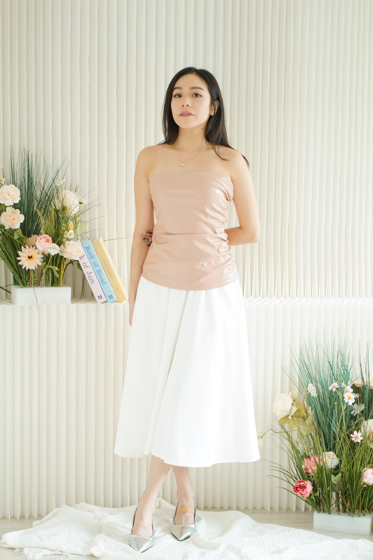 Rhoswen Tube Faux Leather Ruched Top in Pink