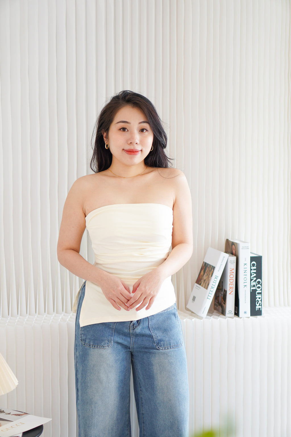 Kaia Tube Ruched Top in Beige