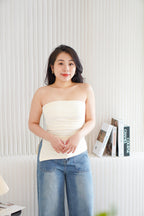 Kaia Tube Ruched Top in Beige