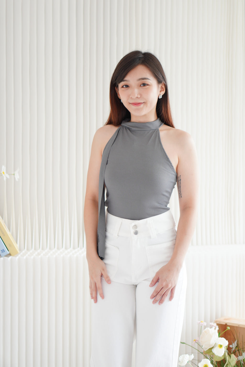 Tatum Tie Neck Top in Grey
