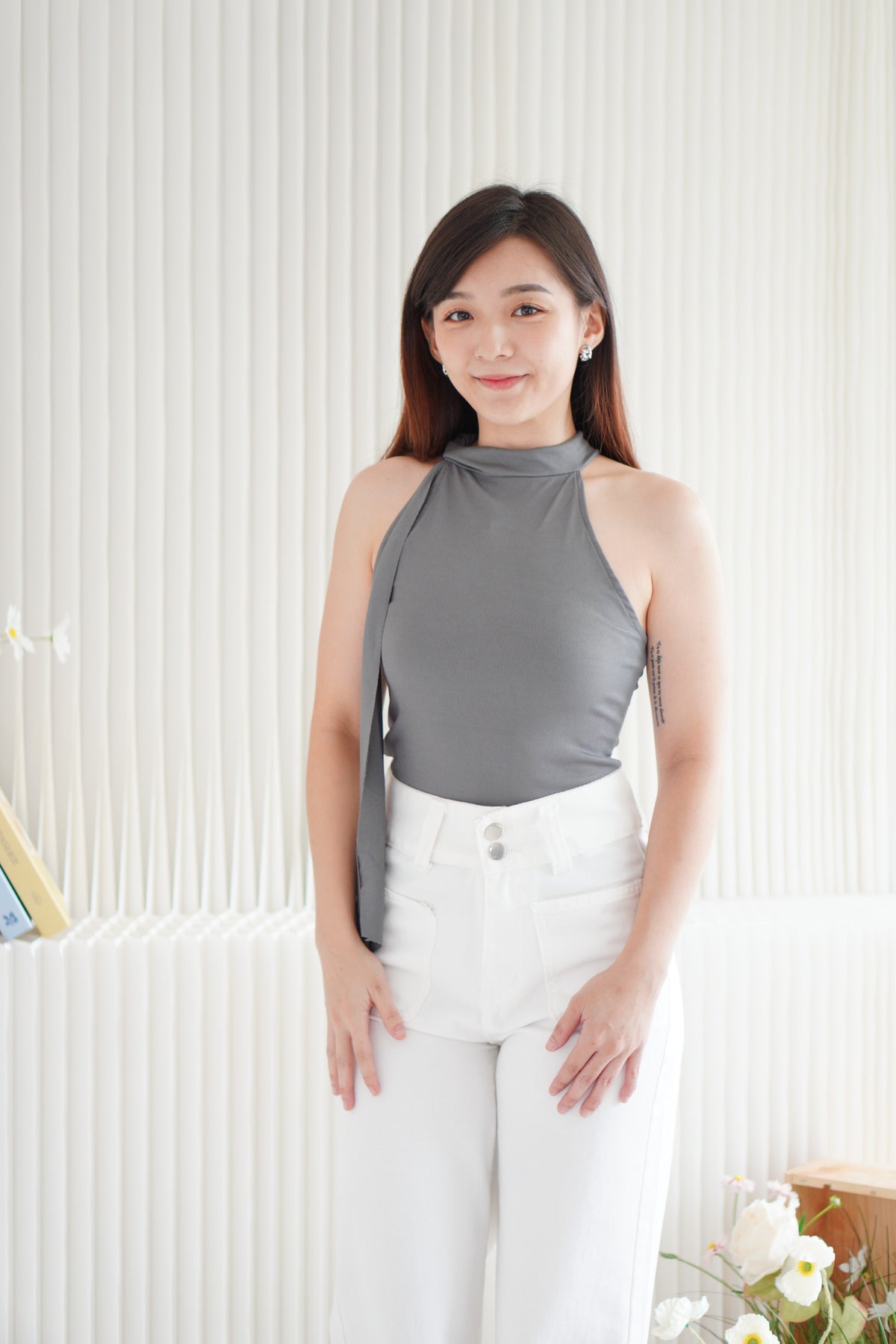 Tatum Tie Neck Top in Grey