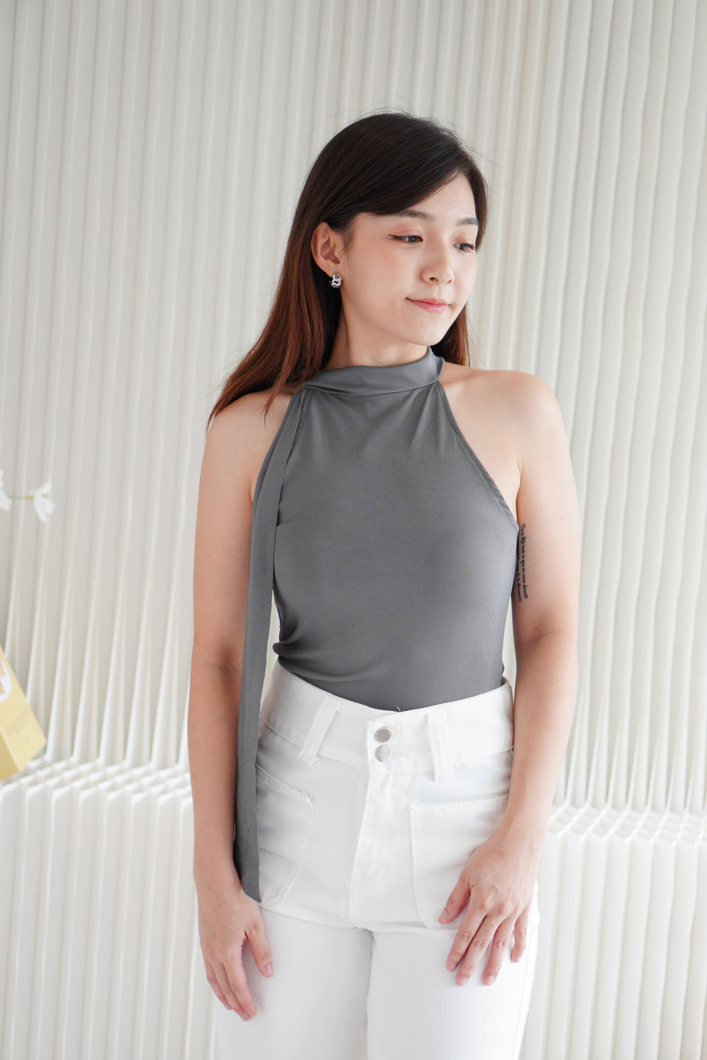 Tatum Tie Neck Top in Grey