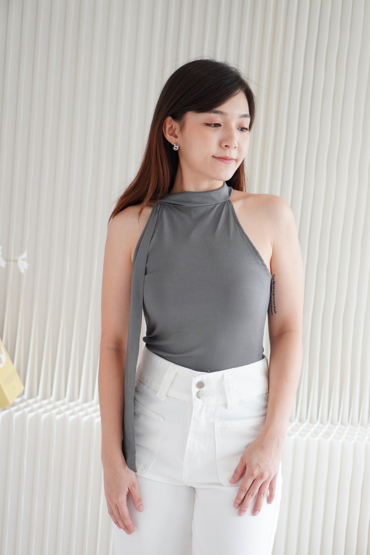 Tatum Tie Neck Top in Grey