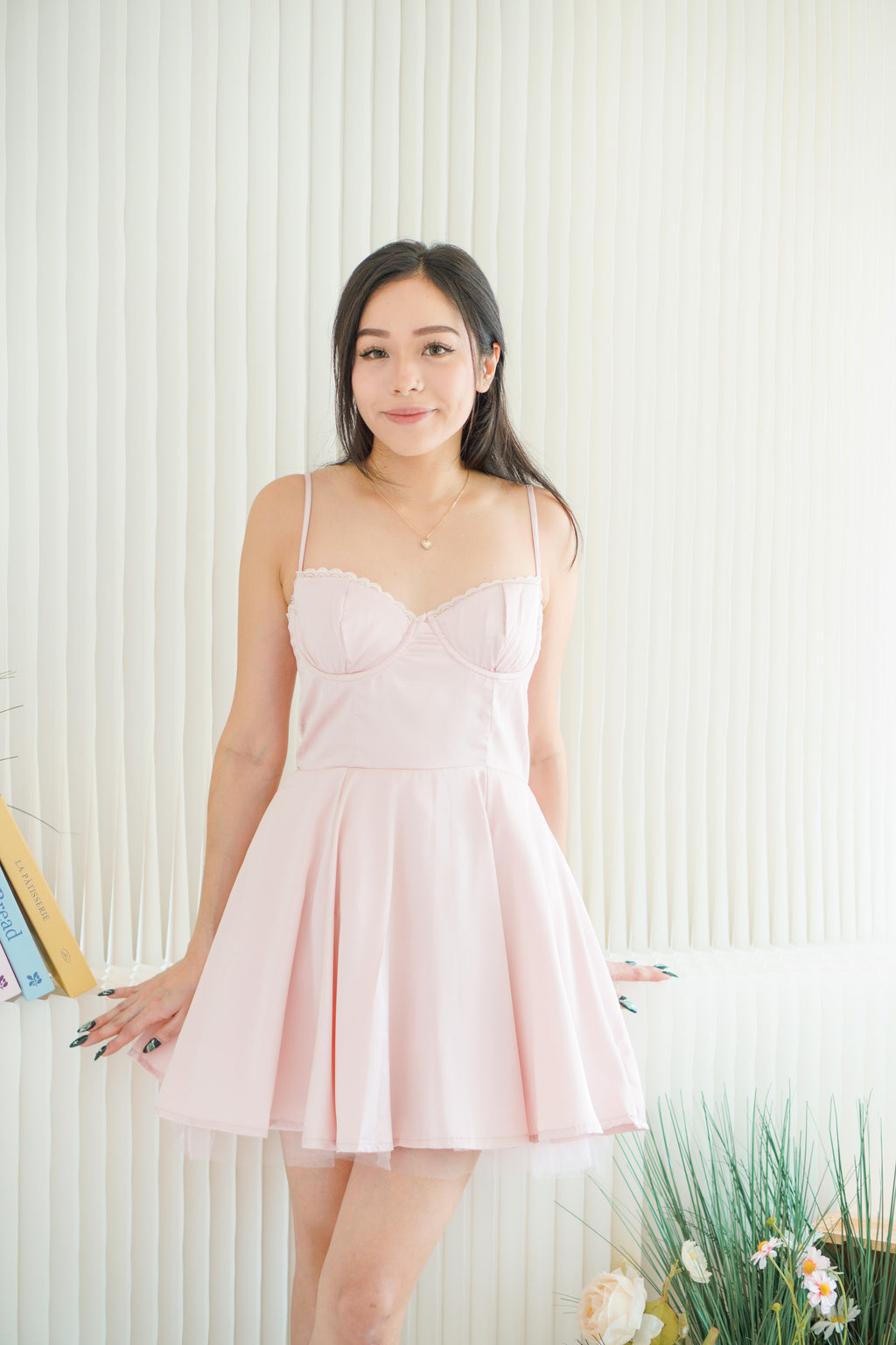 Celandine Lace Bustier Mini Satin Dress in Pink