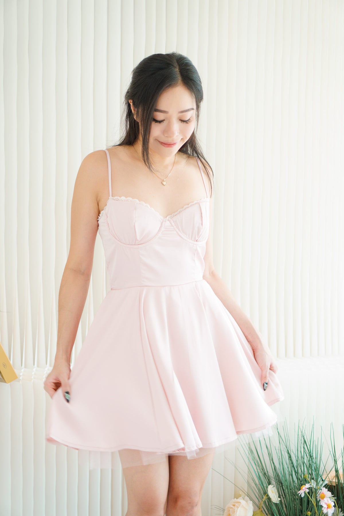 Celandine Lace Bustier Mini Satin Dress in Pink