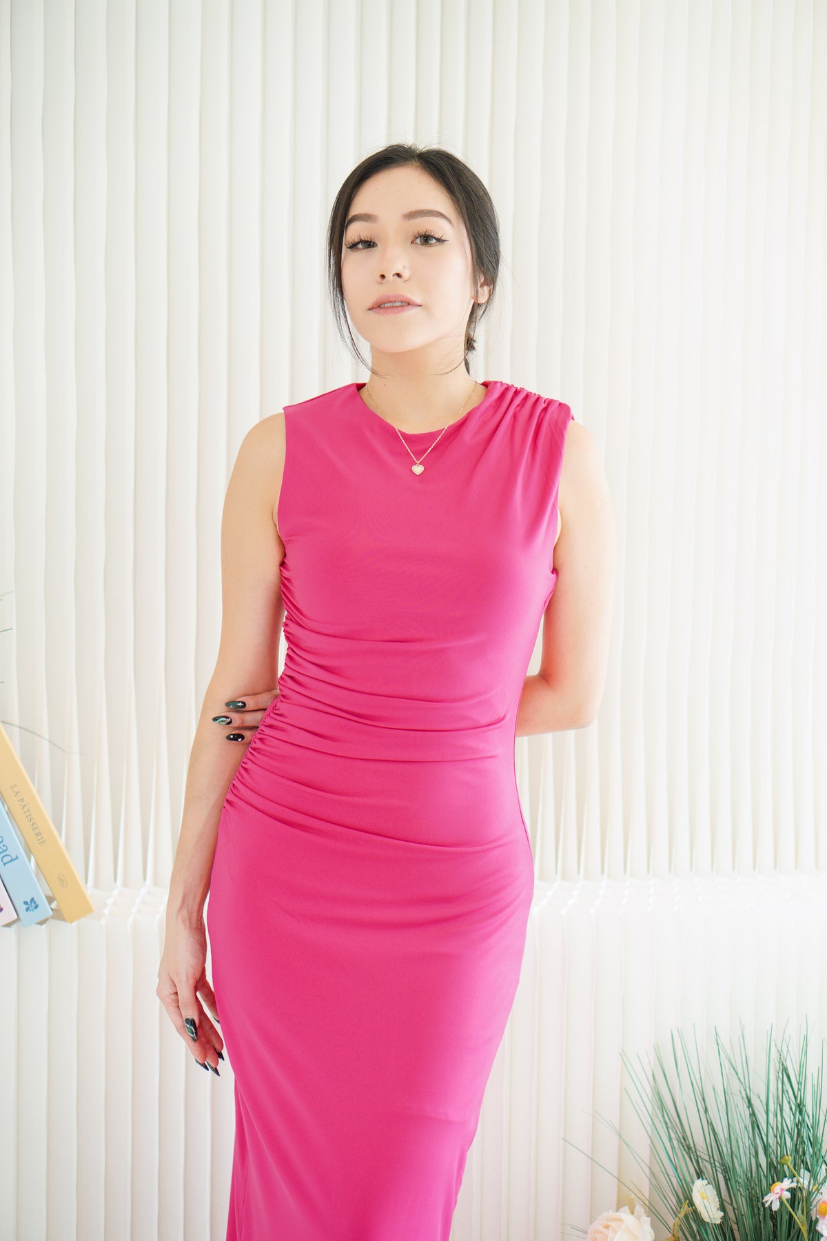Rosina Ruched Maxi Bodycon Dress in Dark Pink