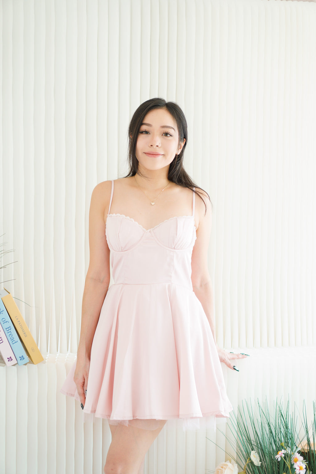 Celandine Lace Bustier Mini Satin Dress in Pink