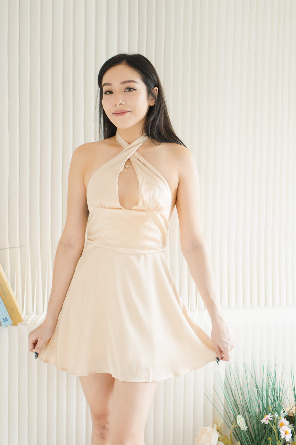 Meraphina Halter Mini Satin Dress in Champagne