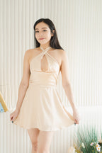Meraphina Halter Mini Satin Dress in Champagne