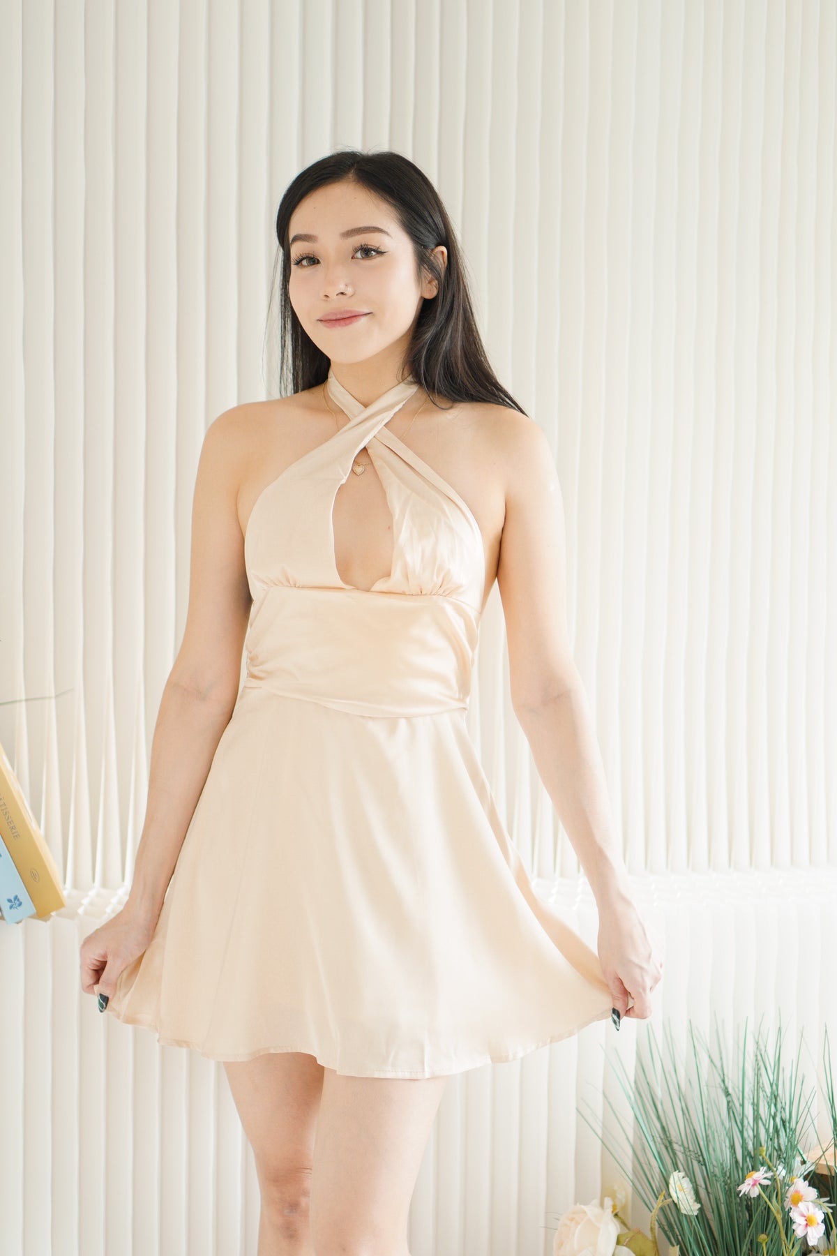 Meraphina Halter Mini Satin Dress in Champagne