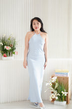 Zuri Halter Satin Maxi Dress in Blue