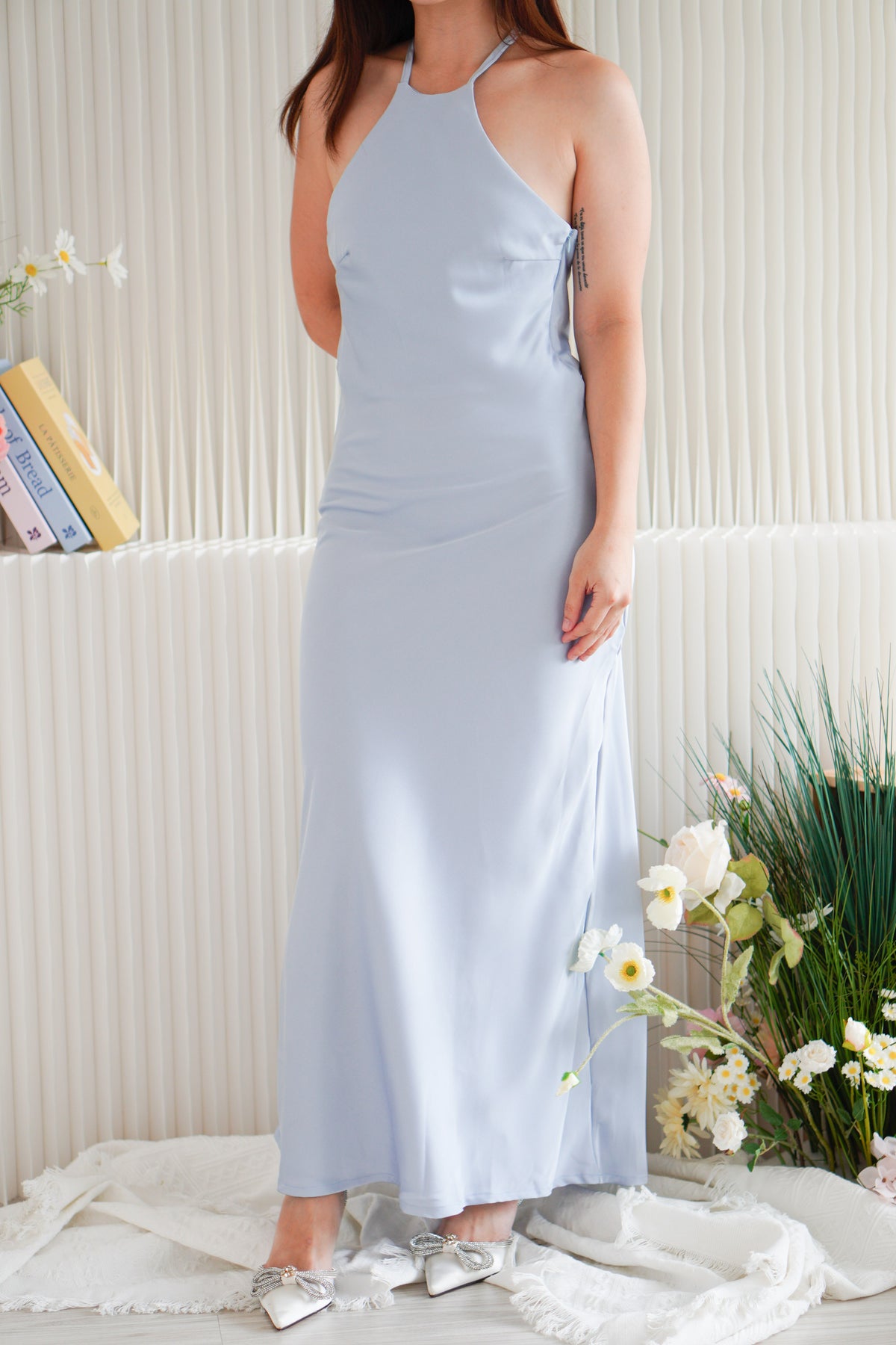 Zuri Halter Satin Maxi Dress in Blue
