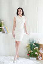 Keira Round Neck Ruched Mini Dress in Cream