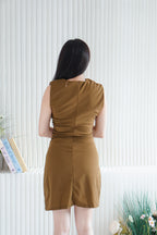 Keira Round Neck Ruched Mini Dress in Brown