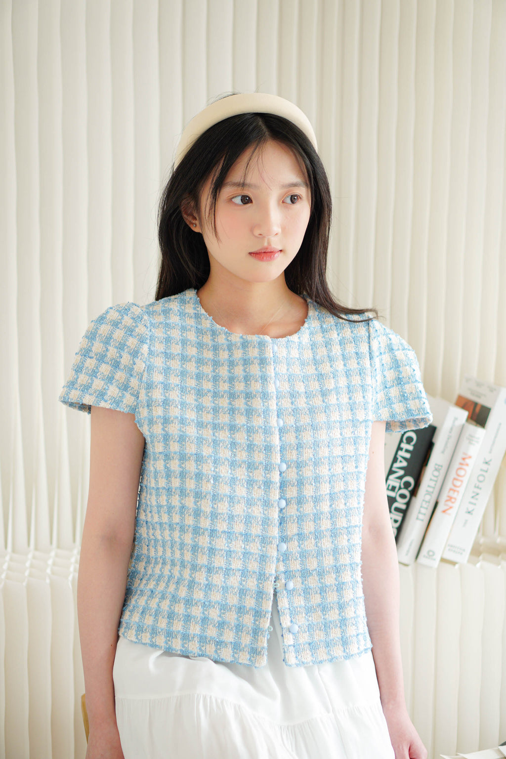Yanka Gingham Tweed Button Down Top in Blue
