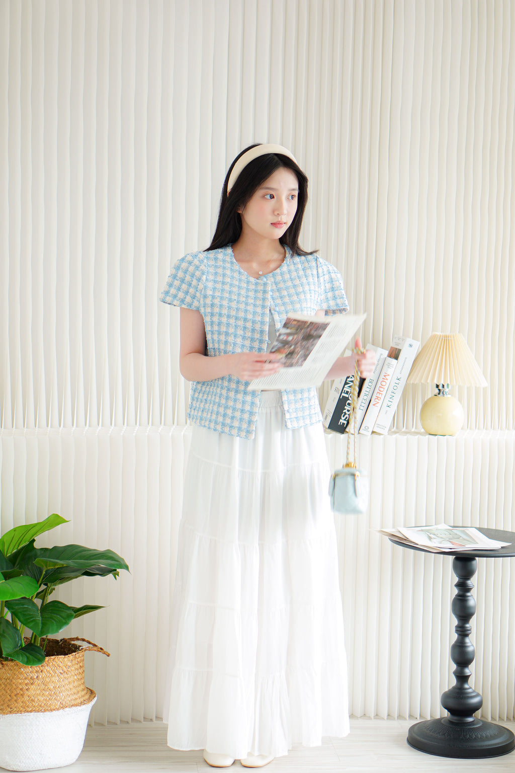 Yanka Gingham Tweed Button Down Top in Blue