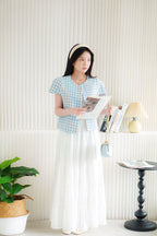 Yanka Gingham Tweed Button Down Top in Blue