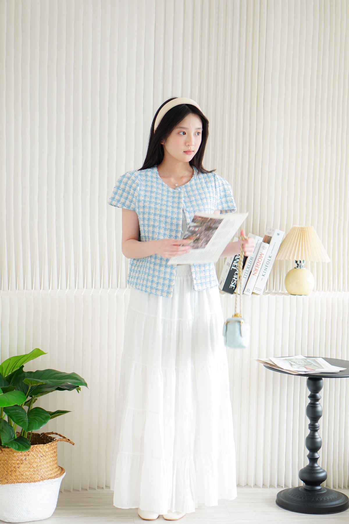 Yanka Gingham Tweed Button Down Top in Blue