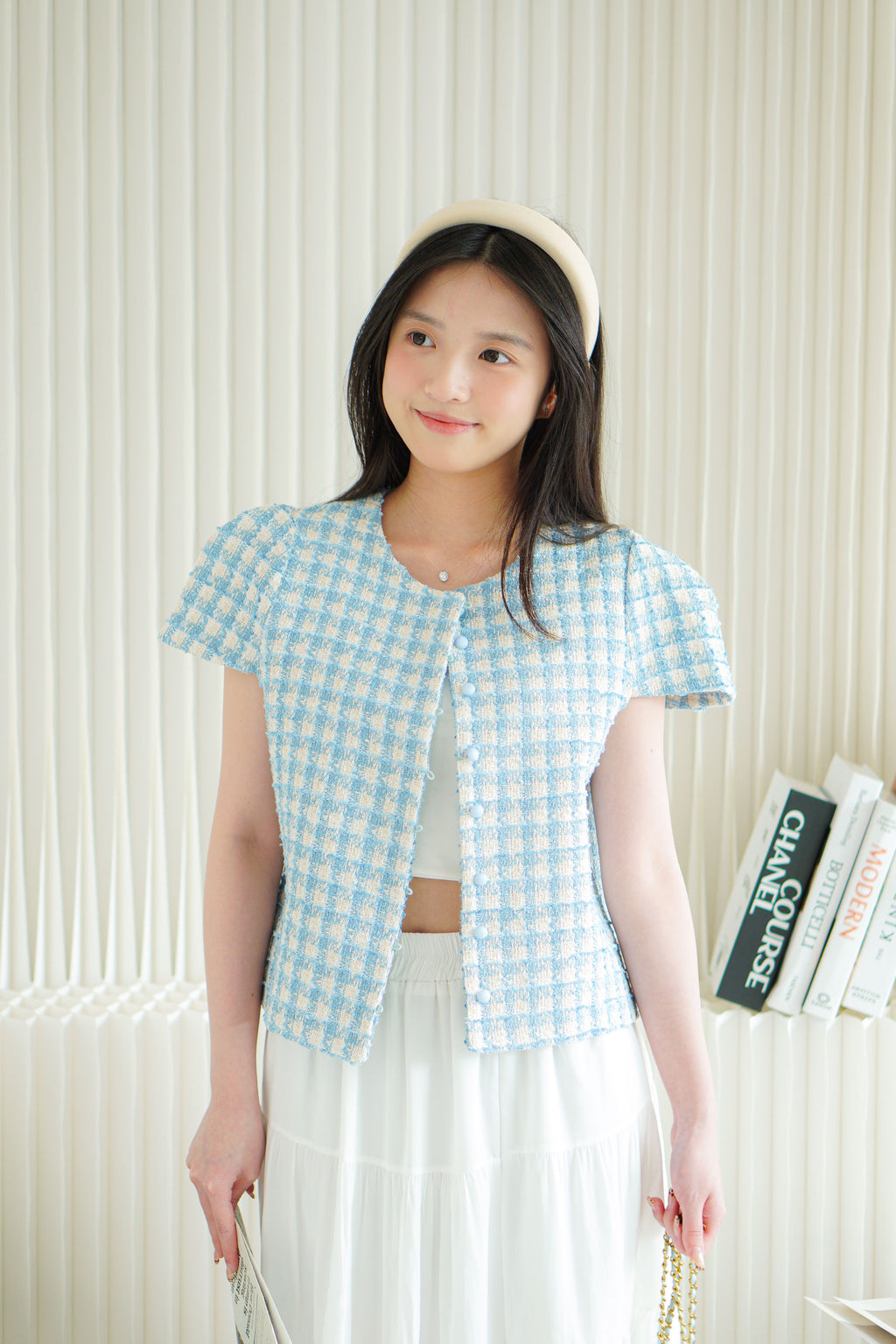 Yanka Gingham Tweed Button Down Top in Blue