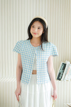 Yanka Gingham Tweed Button Down Top in Blue